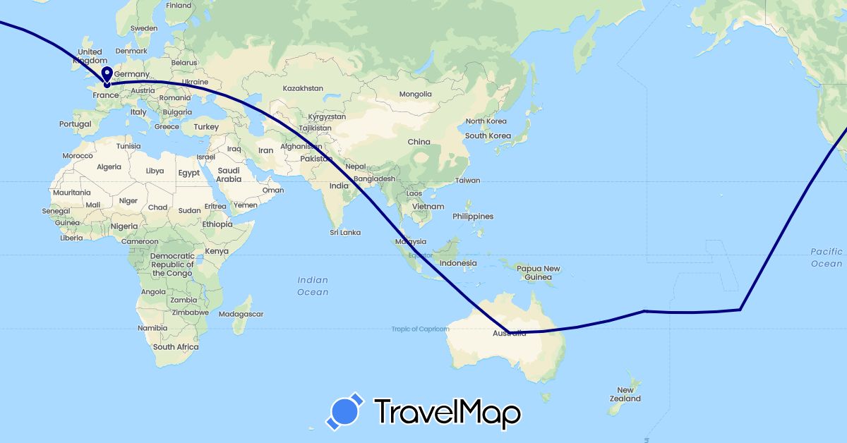 TravelMap itinerary: driving in Australia, Fiji, France, Singapore (Asia, Europe, Oceania)